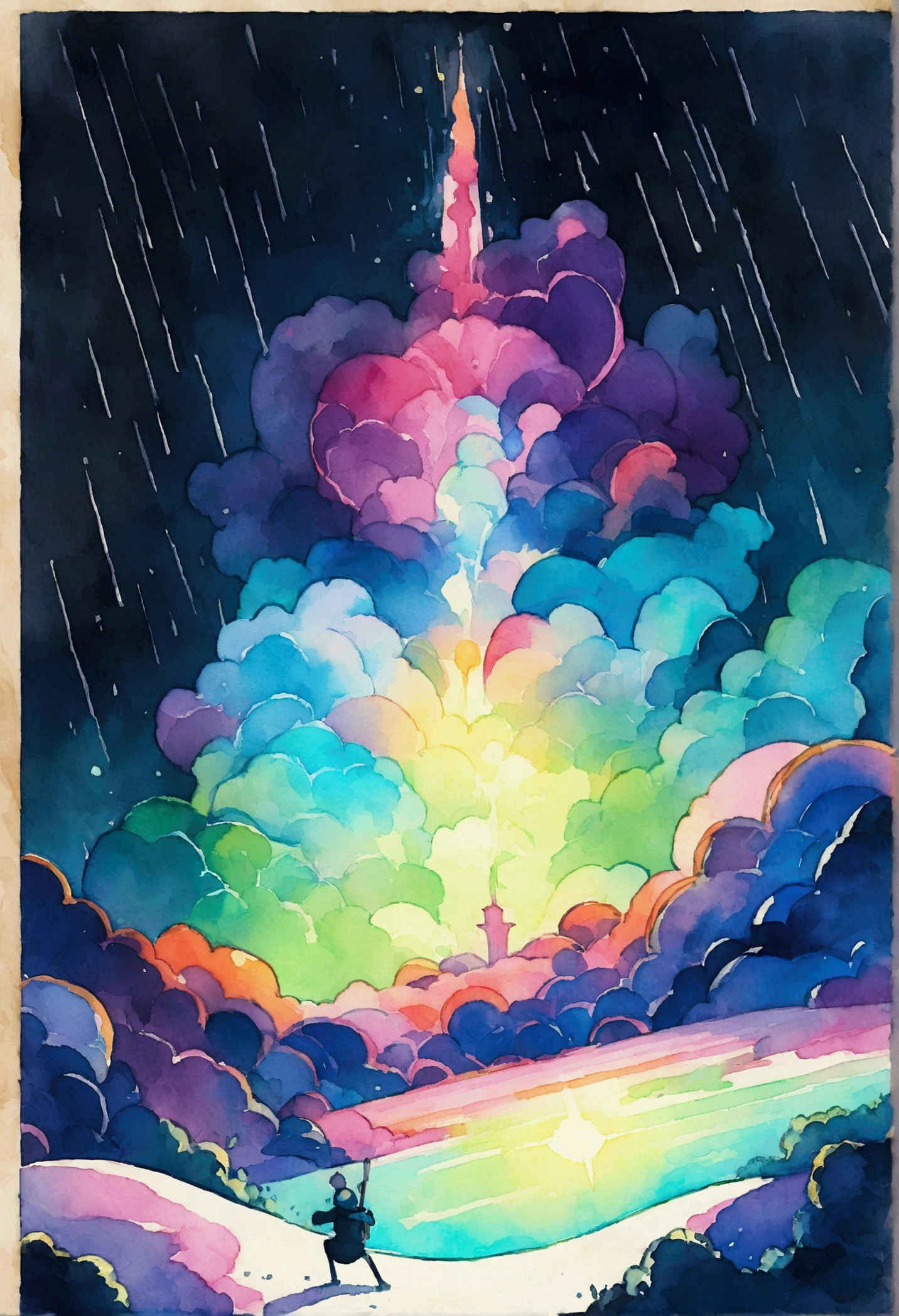 Night view hippie continue dreaming, Night Light,play the guitar, Neon scenery on a rainy day, Simulates a color theme, Lo-fi hip hop , review, flat,黒と Watercolor, Large slope, Watercolor, Gas Color, Studio Ghibli style, Vibrant colors, Outer Ton, Krautlock, Lofi Art, Modern Era Style,Old Texture, amplitude,Psychedelic atmosphere, masterpiece, Technically sophisticated world