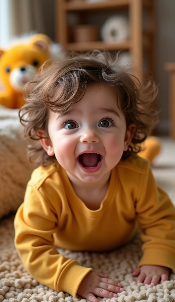 Create UHD photorealistic realistic image, no animation, no 3D image, no Pixar style. Capture a 20-month-old girl kid with tousled hair, roaring playfully like a lion. Background: Playroom with soft toys. Shot with a Canon EOS R3, 85mm lens, f/1.2, warm ambient lighting, no flash.