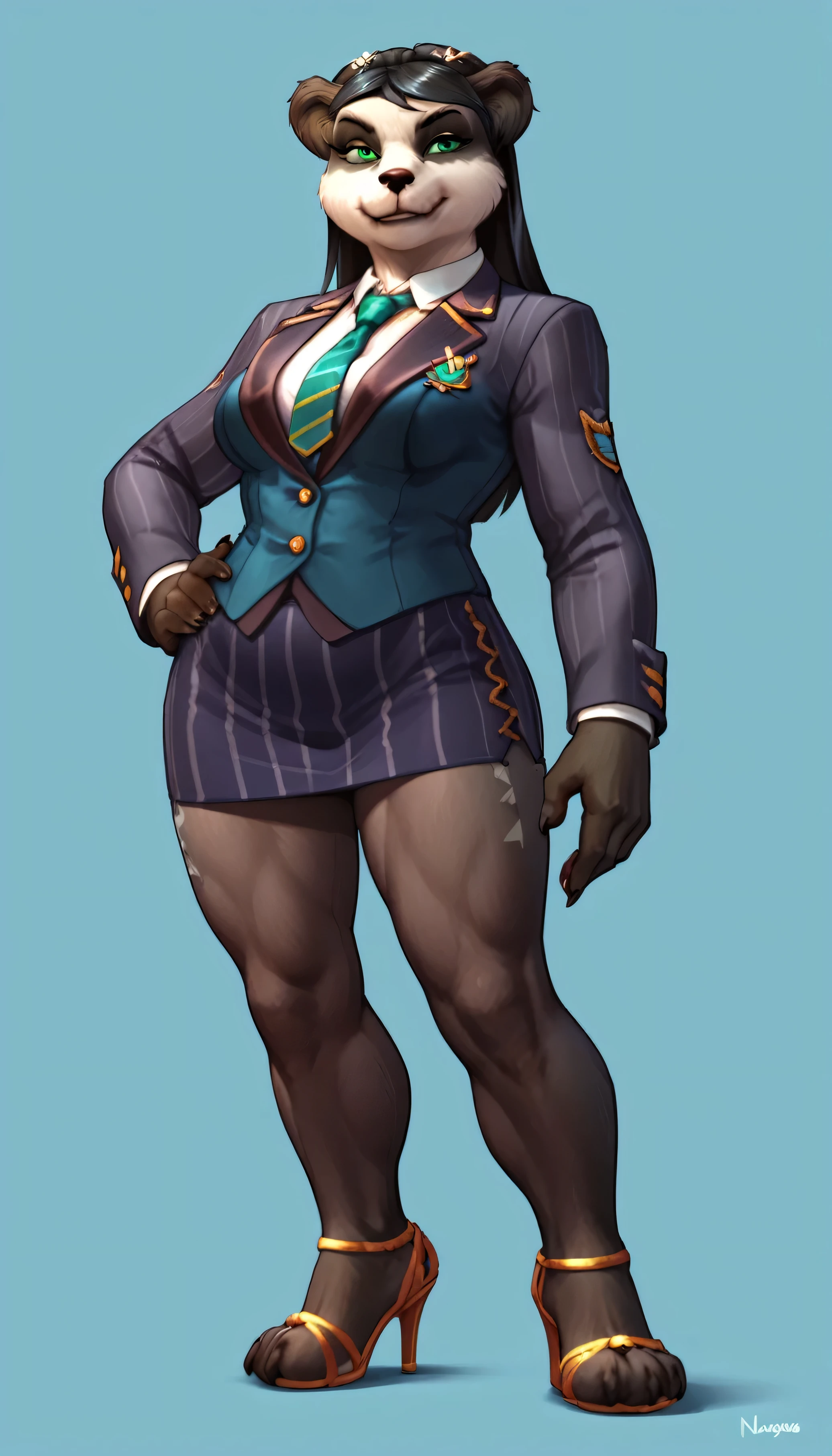 score_9, score_8_up, score_7_up, score_6_up, score_5_up, score_4_up, 1girl, solo, bear, green eyes, furry female, furry, animal ears, long hair, black hair, jewelry, (((navy pinstripe skirt suit))), three-piece suit, necktie, blazer, waistcoat, double-breasted waistcoat, (((bodycon pencil skirt))), bare legs, furry legs, high heels, standing, upper body, full body, looking at viewer, silk clothing, formal clothing, high end fashion,
light blue background, simple background, confident stance, wide stance, hand on hip