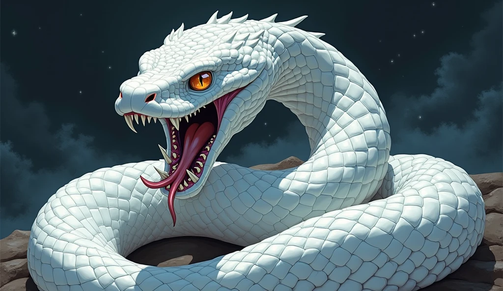 ((best quality)), ((masterpiece)), white snake, poisonous white snake, venomous, scary, fierce, dangerous, angry, mad, lethal, fangs, dark background, black background, anime, comic book