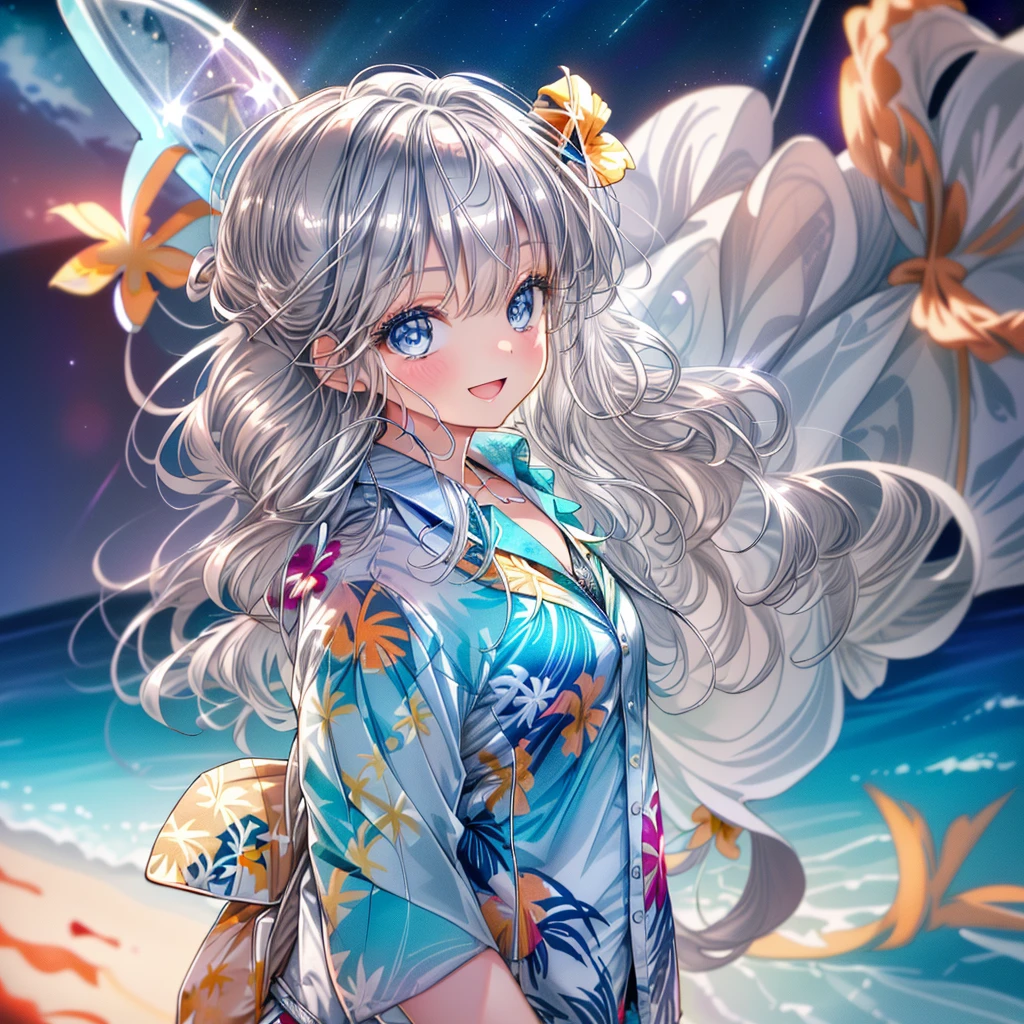 (Best quality,4K,8K,High resolution,Masterpiece:1.2),Super detailed,(Actual, Realistic),highly detailed, top quality, soft skin,Portrait,
break,
((clear blue eyes:1.2)),smiling eyes,beautiful eyelashes,beautiful lower eyelashes,
break,
((Beautiful and shiny silver hair:1.3)),A dazzling smile, a bursting smile, an open mouth laugh,
break,
very happily,
break,
((beautiful aloha shirt:1.3)),((wearing a beautiful bikini inside:1.3)),
break,
((beautiful night sky:1.3))