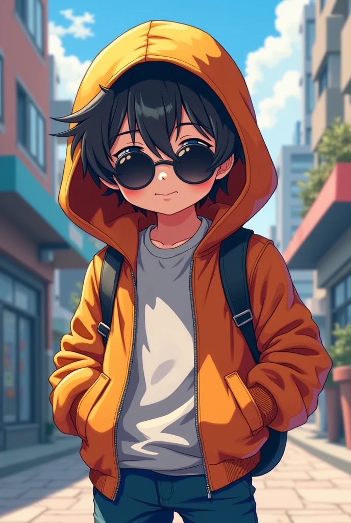 Cartoon anime Boy character wearing hodi and sunglasses