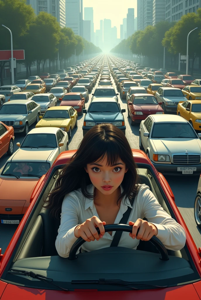 A scene of heavy traffic, with cars stopped in a traffic jam, but the woman driving sees an empty, free lane to her left, just waiting to change lanes.
