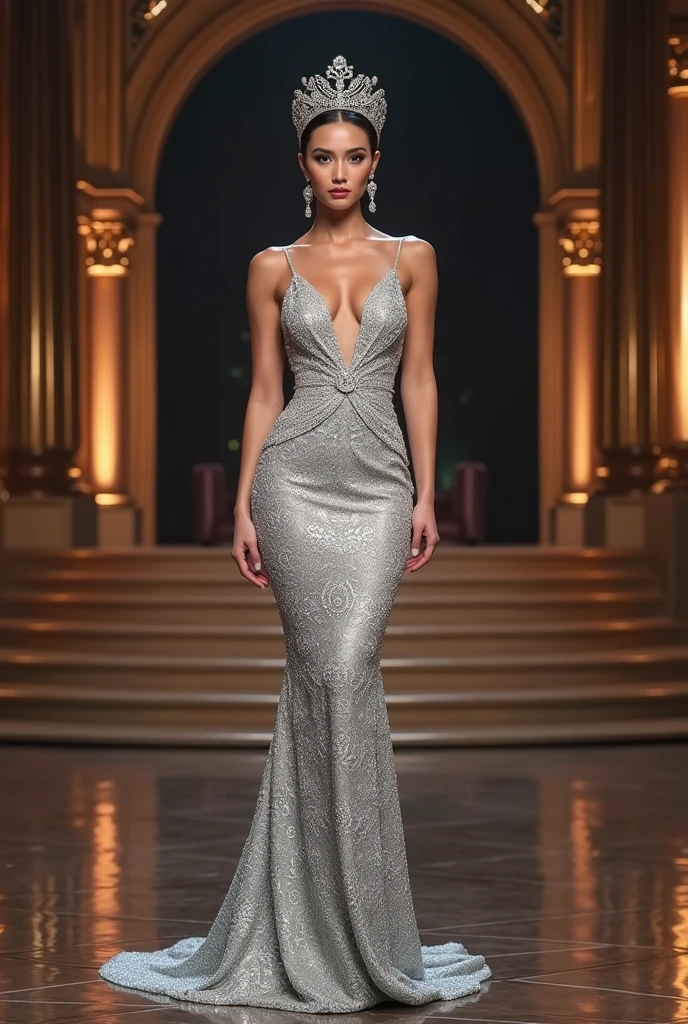 Miss universe, silver long kebaya brookat dress, at miss universe stage, wear crown, elegant, beautiful, 38 C huge boobs, slim, don't smile, sexy vibes. Sharp eyes, cool, bold make up.