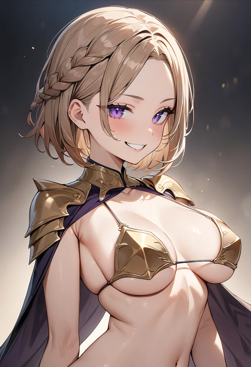 (masterpiece, top quality, very aesthetic, 4k、illustration), ()、intricate detail, 1woman,solo,contrapposto 、(gradient eyes、tareme)、grin、very short hair、parted bangs,Fair skin,(upper body)、beautiful women、arched back、(micro bikini armor),beautiful face、(gradient hair)、(braid light brown hair)、sidelock ,,purple eyes、Warrior、bikini armor、medium breasts、slender 、Cape