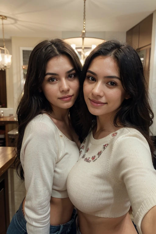 RAW photo in sequence, a photo of a 2 woman, ((upper body selfie, happy)), detailed face, medium breasts, slightly blurred detailed backgrounds, natural lights, HDR, realistic photo, professional photo, camera as viewer, sexy visual, photorealistic, cute, long black hair, 8k UHD, high quality, film grain, Fujifilm XT3, wearing an ugly sweater. curvy body, medium breasts,