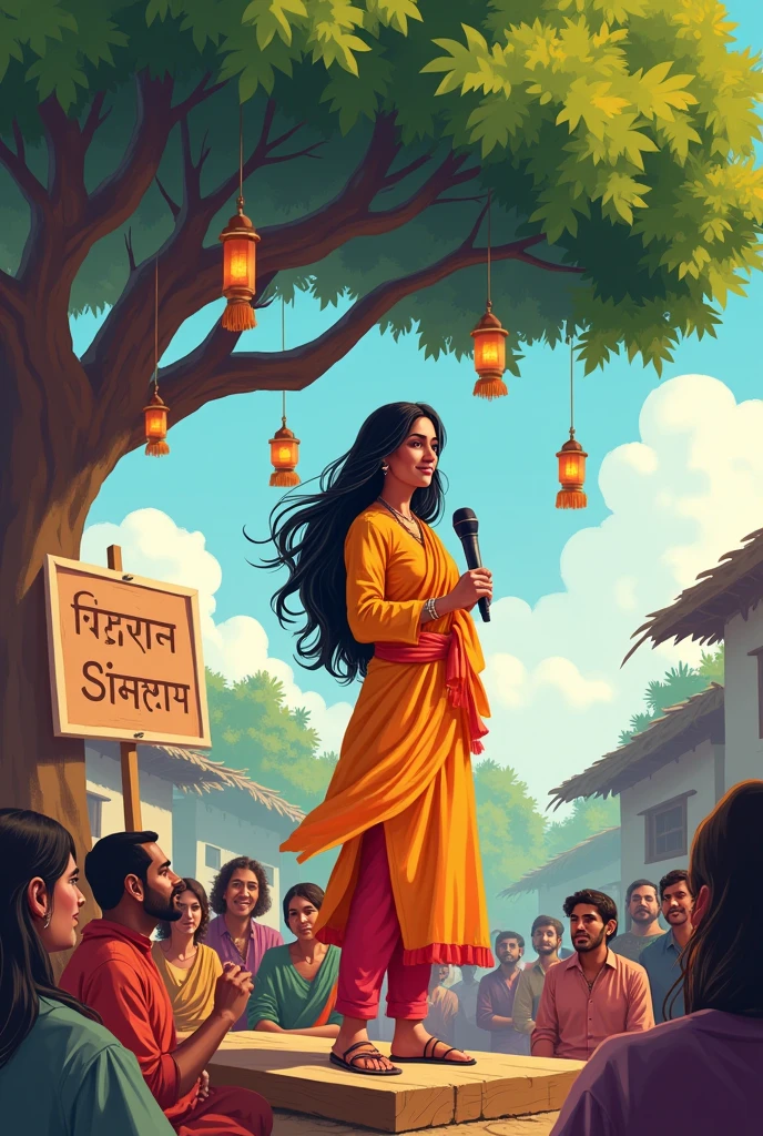 An illustration of A 30 years old female journalist wearing kurta salwar with open long hair having microphone in her hand asking for opinions under a tree on a raised platform of the village. There is a big tree on it and it is decorated with frills and lanterns. Few more people are there to listen it. There are village homes in the background and a board of the name of village