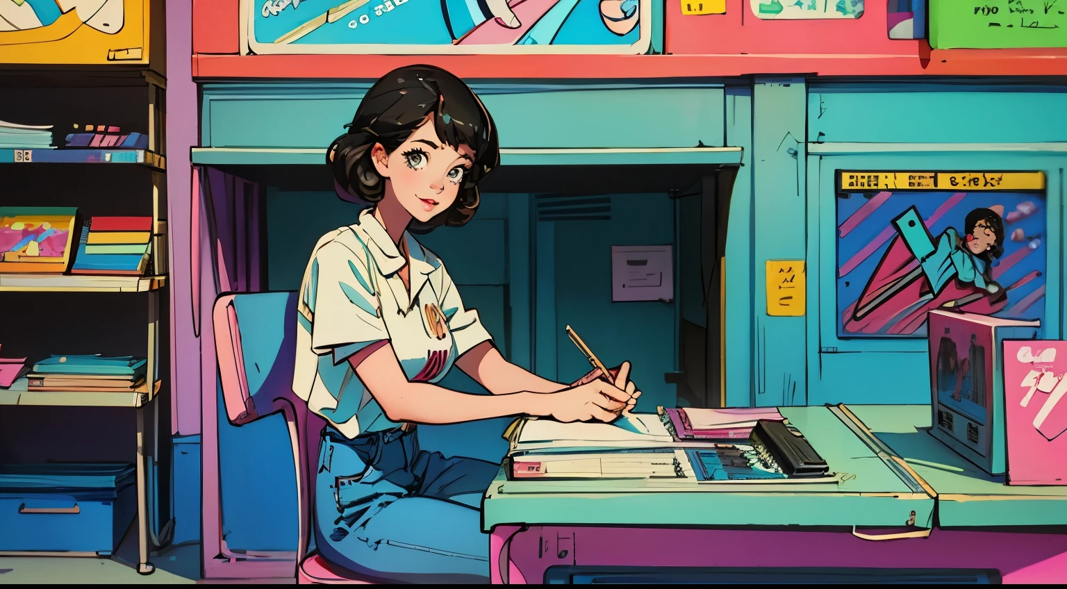 highest quality, masterpiece), 1 Girl, 1980s \(style\)Beautiful expression,Smiling and looking at the viewer,\(style\)Upper Body,Horizontal position,pin up , \(style\)Black hair color,\(style\), citypop, lofi,\(style\),1980s fashion,,casual,1980s fashion, citypop,retro,\(style\)Record Store,