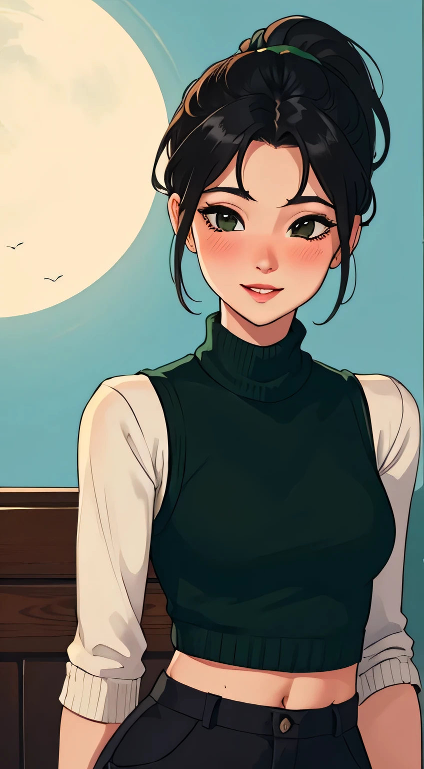 Amazing portrait of a sexy woman wearing her luscious black hair in a cute ponytail, seductively gazing and smiling, soft lips, parted, blushing intensely, smiling, dark green sweater, cream cargo pants, medium chest, perfect body