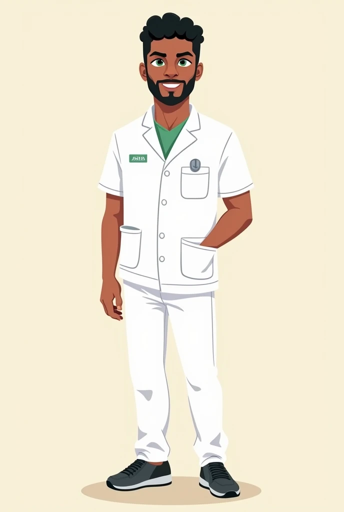 A male nutritionist in a nutritionist uniform ,Bblack hair ,illustrative character , 30 years old and Brazilian green eyes