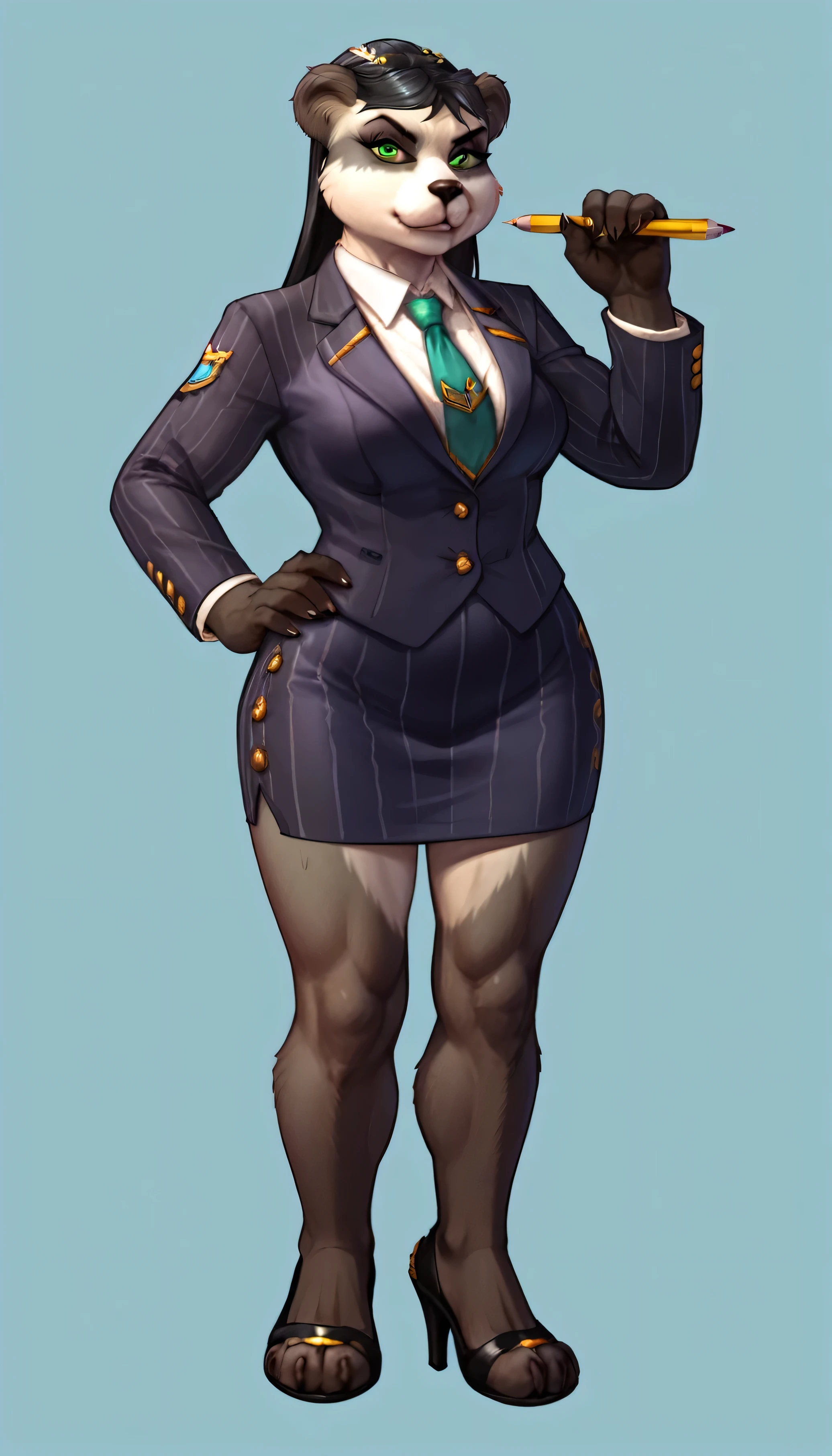 score_9, score_8_up, score_7_up, score_6_up, score_5_up, score_4_up, 1girl, solo, bear, green eyes, furry female, furry, animal ears, long hair, black hair, jewelry, (((navy pinstripe skirt suit))), three-piece suit, necktie, blazer, waistcoat, double-breasted waistcoat, (((bodycon pencil skirt))), bare legs, furry legs, black high heels, standing, upper body, full body, looking at viewer, silk clothing, formal clothing, high end fashion,
light blue background, simple background, confident stance, wide stance, hand on hip