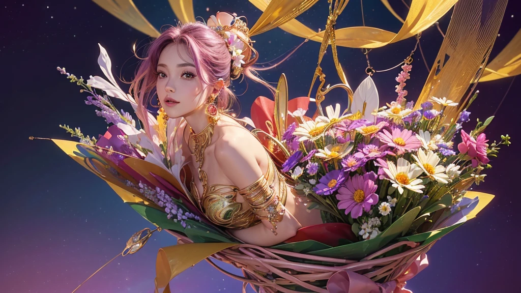 32K, 最高quality, 最高masterpiece, (ultra-Detailed Background, Detailed Background), High resolution, Super detailed, Very detailedな, 1 personの, (bouquet:1.3), (Tangled:1.2), (Geometric:1.2),(colorful),(masterpiece, quality, best quality, Official Art, Beautiful and beautiful:1.2), (1 person:1.3), Very detailed,(colorful:1.1)(Flowers:1.3),Most detailed,(Tangled:1.2), whole body, (Abstract background:1.3), (Skin glows), (Many colors:1.4), ,(Earrings Jewelry:1.5), Purple-red pale background, It's imaginative., Milk tea colored hair,