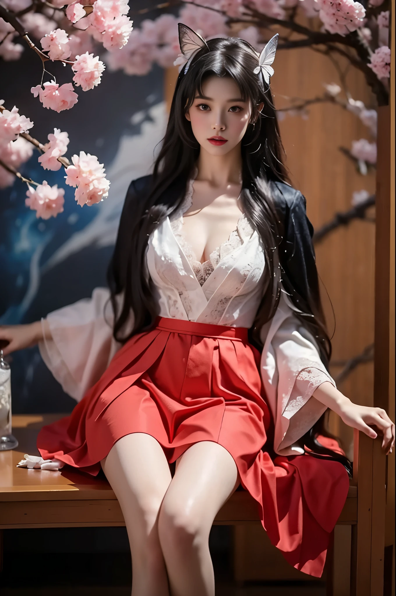 Beautiful dance pose, She gently lifted her skirt with one hand,头发周围有白色的Butterfly兰，Lilac dendrobium、White Lily, Long legs , Deep in Wonderland, ((Flowing long hair))Official Art , Unity8k Wallpaper , Extremely detailed , Visible cleavage, Pretty and beautiful , 性感Long legs, masterpiece , best quality ,Practical, Very detailed illustrations ,Extremely detailed , Intricate details , Extremely complex and detailed , Very detailed 8KCG wallpaper , Caustics .reflection , Ray Tracing , Devil theme ,nebula ,Dark aura, Network Effects , (1 girl)solitary , 小蓝Butterfly , (Blue plasma flame , (insect , Butterfly)) Pastel tones in Rococo style ,Light white and light dark red , Incredibly beautiful , Cherry blossoms , Surrealism ,painting , Ethereal , Mixing reality and fantasy elements ,Ray Tracing , Complex Mode , Exquisite lines , Perfect your hands, Starry Sky , Colorful , Star