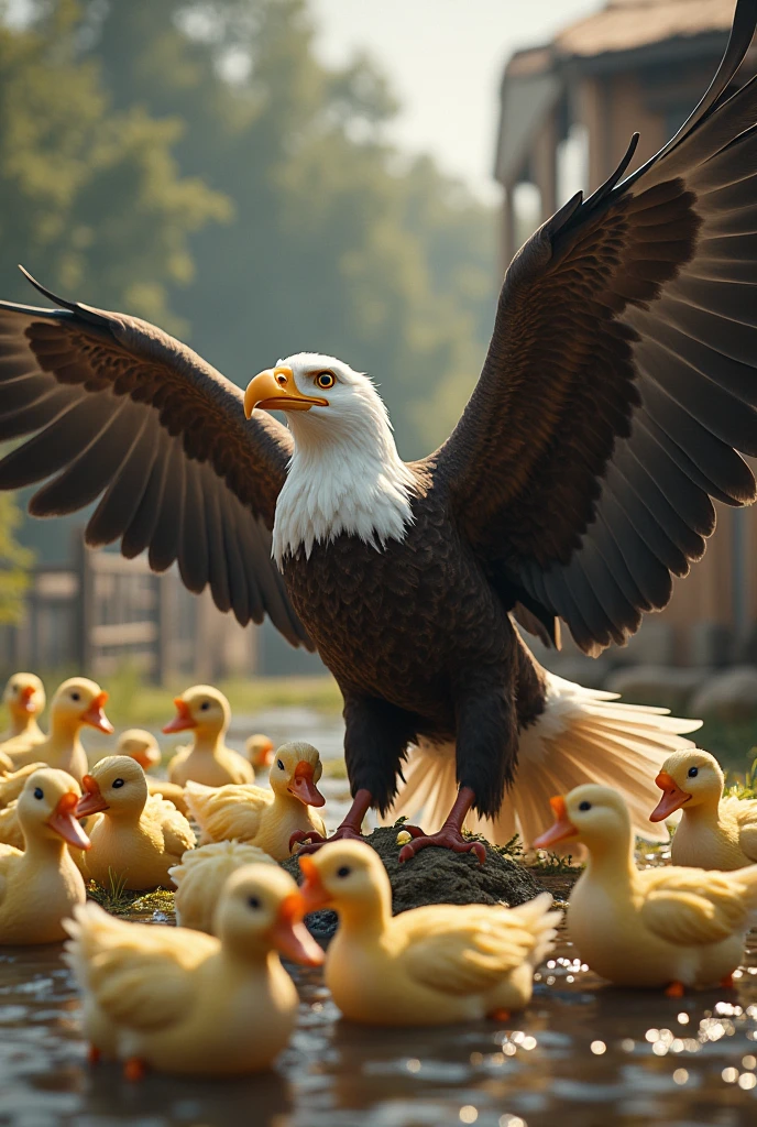 Eagle Living with Duck family like a duck & a farmer feeding them they eating the feed like a duck