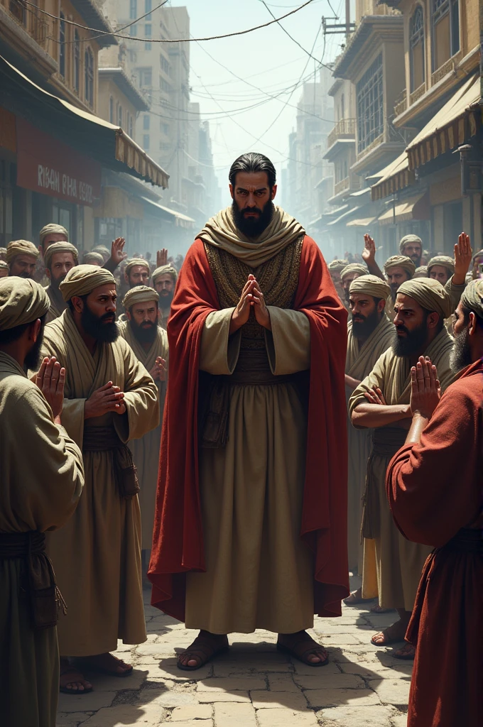 Poor laborers plead before the ruler on the street with folded hands is doing