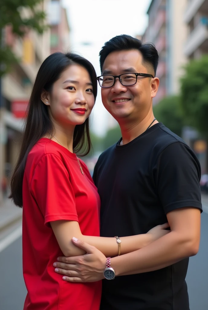 Chinese beautiful girl 23 years-old couple with an Indonesian man 40 years-old, 23 years-old girl as wife, 40 years-old man as her husband, the girl hug the man, the girl wearing red T-shirt, the girl red lips, the man wearing black T-shirt, the man wearing glasses, the girl with the man stands in street city building, curvy body, thick body, little bit fat.