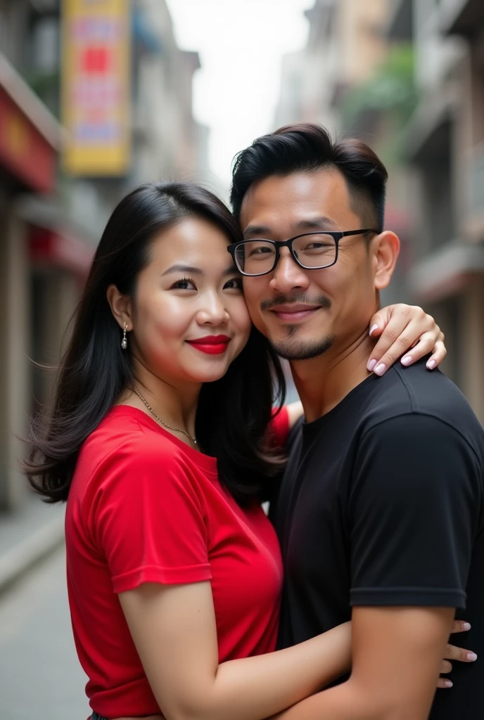 Chinese beautiful girl 23 years-old couple with an Indonesian man 40 years-old, 23 years-old girl as wife, 40 years-old man as her husband, the girl hug the man, the girl wearing red T-shirt, the girl red lips, the man wearing black T-shirt, the man wearing glasses, the girl with the man stands in street city building, curvy body, thick body, little bit fat.