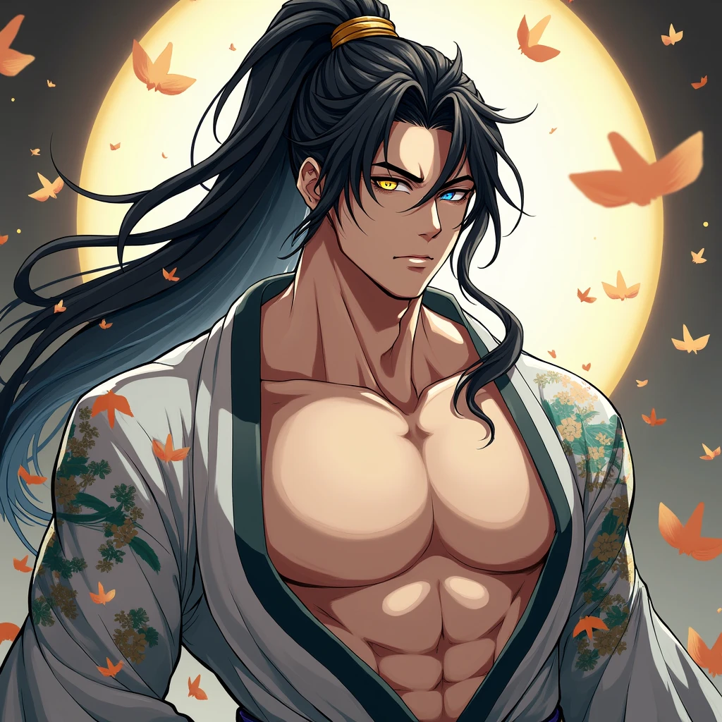 High resolution, One Man,ponytail,Muscular,brown,Odd eyes: right eye is light blue, left eye is yellow-green,Her hair has a black to white gradient,Large Breasts, Eyebrows,Drooping eyes,Japanese illustration style, Japanese-style clothing,Masturbation