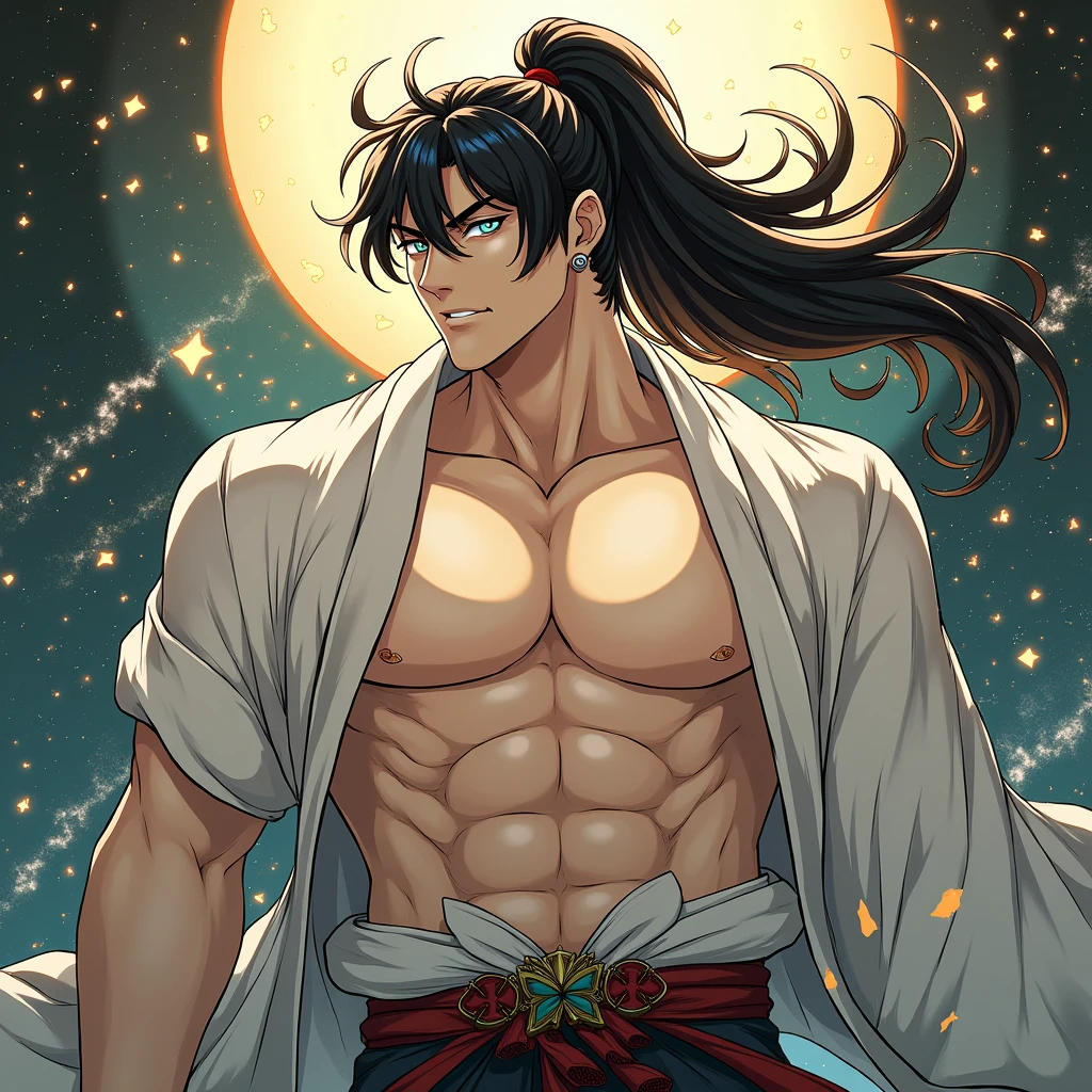High resolution, One Man,ponytail,Muscular,brown,Odd eyes: right eye is light blue, left eye is yellow-green,Her hair has a black to white gradient,Large Breasts, Eyebrows,Drooping eyes,Japanese illustration style, Japanese-style clothing,Masturbation