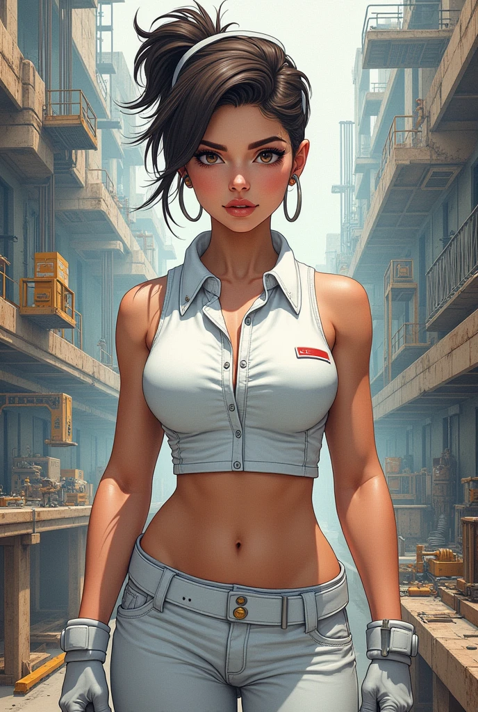 mechanic, engineer, workers, constructor worker, constructor environment, work , (8K UHD:1.2), (photorealistic:1.2),(masterpiece:1.4), (best quality:1.4),extremely detailed wallpaper, highly detailed illustrations, ((1 Girl)) , (super-complex details) official art, unity 8k wallpaper, ultra detailed, beautiful and aesthetic, masterpiece, best quality, (zentangle, mandala, fantasy, elf), (fractal art:1.3) , masterpiece, , intricate detail,),((bulking)),(body muscular:1.6),,busty,sexy,curvy,crazy abs, upper , holy_armor, spike hair, white uniform, stretching