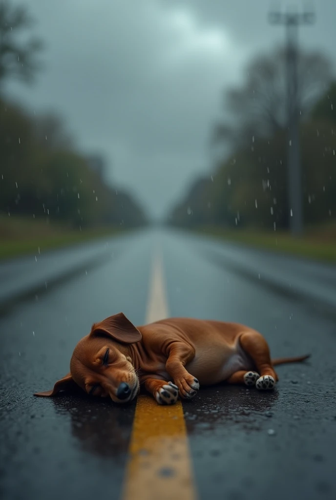 Overcast、A super-realistic brown miniature dachshund named Smooth is sleeping on his back in the middle of a road that looks like it's about to rain.。