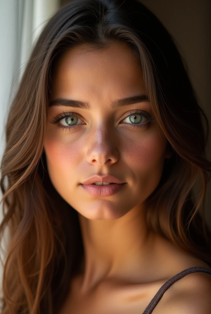 Create a highly realistic photograph of a 20-year-old latina woman who resembles Madelyn Cline. She has chestnut brown hair and striking blue eyes. Her facial features should be soft yet defined, with a natural expression that reflects confidence and warmth. The lighting should be natural, highlighting her skin tone and hair color to enhance the realism and with the golden hour sunlight. The background should be neutral and slightly blurred to keep the focus on her face. Capture this image with a hight-resolution photograph using an 85mm lens for a flattering perspective