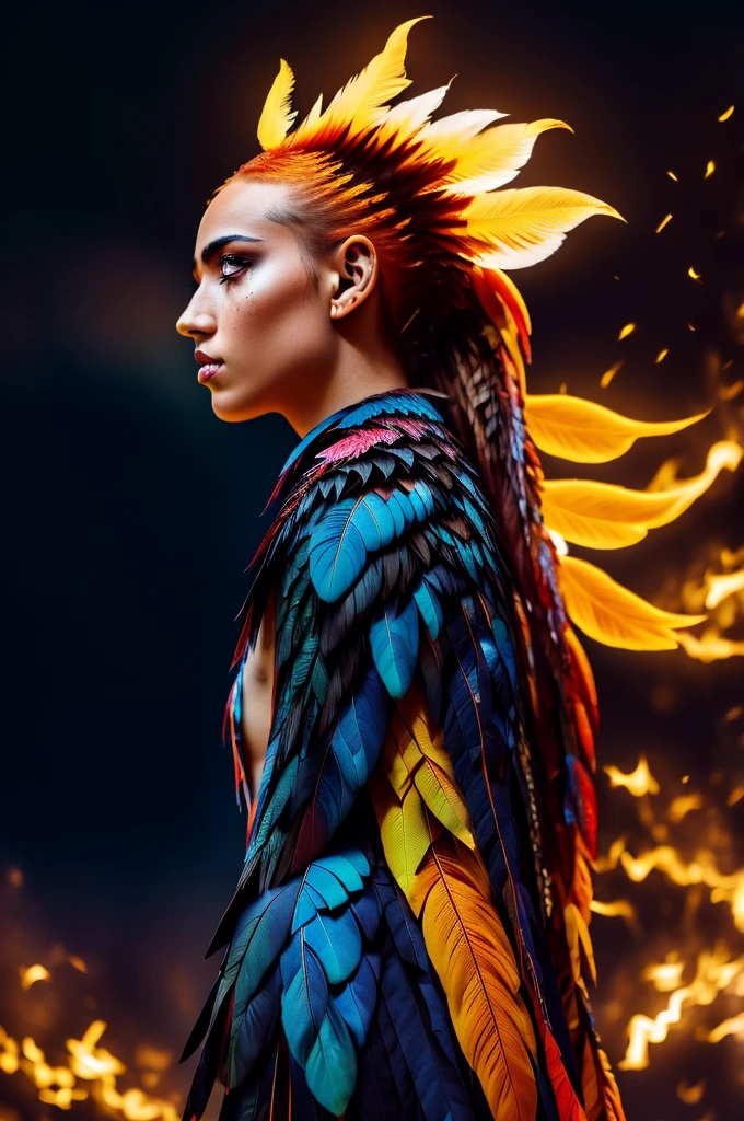 One girl, staring into the distance, nape of neck, profile, fiery eyes, large feathers on her back, large feathers of flame, night sky background, full body shot