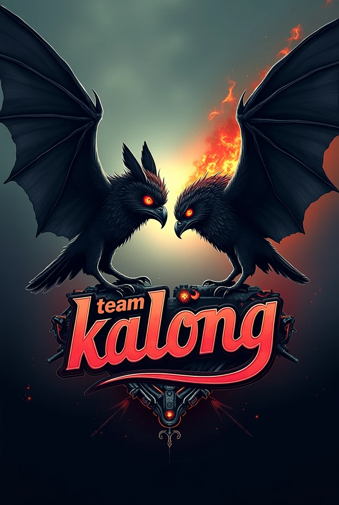 create a script font logo with writing "TEAM KALONG" spelled perfectly and well, with the background of a big and scary bat facing a big and scary owl, decorated with a large exhaust emitting flames, Futuristic, and aesthetics