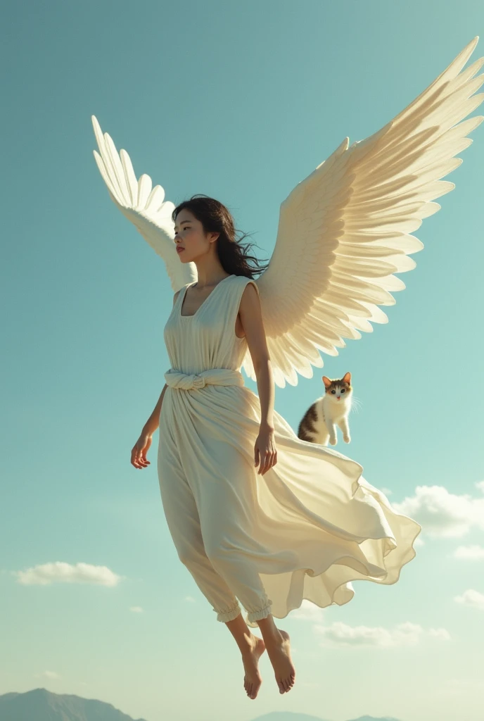 Like the Nike of Samothrace、Soaring in the Sky、Beautiful Japanese Women Photos。The costume is an ancient Greek chiton。Big flapping wings。Full body portrait。Side angle。Makeup in a modern Japanese style。The kitten is white and has a rustic feel.、Soaring in the Sky。
