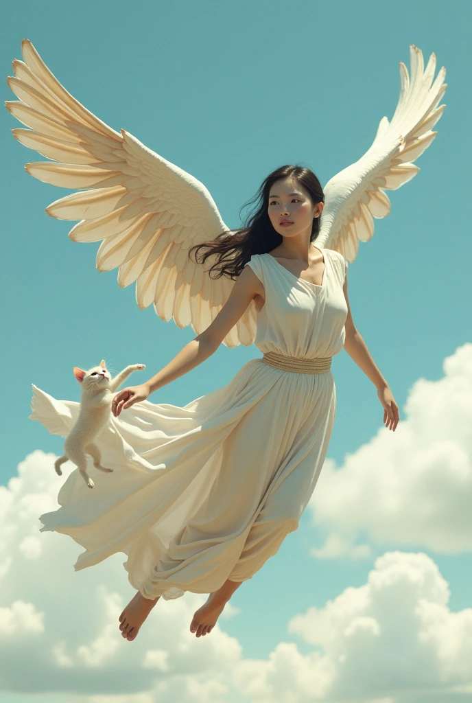 Like the Nike of Samothrace、Soaring in the Sky、Beautiful Japanese Women Photos。The costume is an ancient Greek chiton。Big flapping wings。Full body portrait。Side angle。Makeup in a modern Japanese style。The kitten is white and has a rustic feel.、Soaring in the Sky。