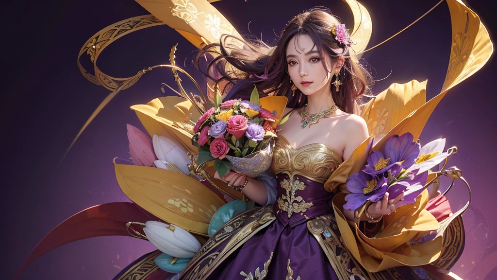 32K, 最高quality, 最高masterpiece, (ultra-Detailed Background, Detailed Background), High resolution, Super detailed, Very detailedな, 1 personの, (bouquet:1.3), (Tangled:1.2), (Geometric:1.2),(colorful),(masterpiece, quality, best quality, Official Art, Beautiful and beautiful:1.2), (1 person:1.3), Very detailed,(colorful:1.1)(Flowers:1.3),Most detailed,(Tangled:1.2), whole body, (Abstract background:1.3), (Skin glows), (Many colors:1.4), ,(Earrings Jewelry:1.5), Purple-red pale background, It's imaginative., Milk tea colored hair,