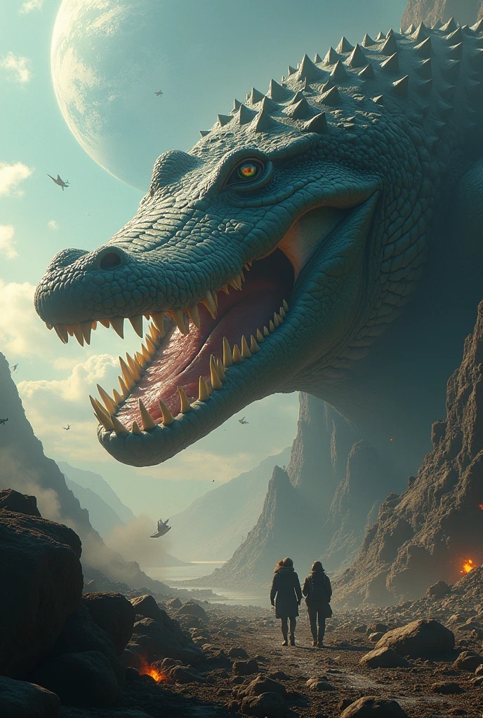 Universal alligator almost destroying the earth and flying into space . But well done