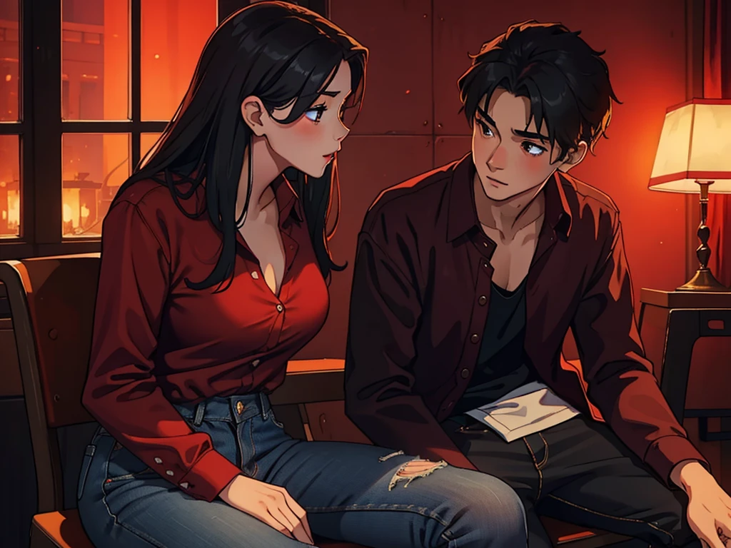Young sexy girl wearing a red dress sitting on lap of young boy wearing a red and black flannel shirt and jeans who is sitting on a chair, kissing, making out, passionately, dim lighting, sexy, hot, lustful