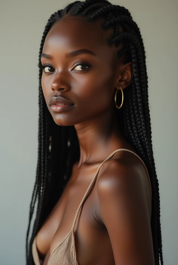 Black Woman - The image shows a black woman.Braided Hairstyles - The woman's hair is in a black braided hairstyle.Clear Skin - The woman's skin is healthy and bright.Naked upper body - The woman is shown with her upper body exposed.Denim Jacket - The woman is wearing a denim jacket.Serious expression - The woman's expression is serious and she is photographed looking up.Bright background - The background is white and bright.