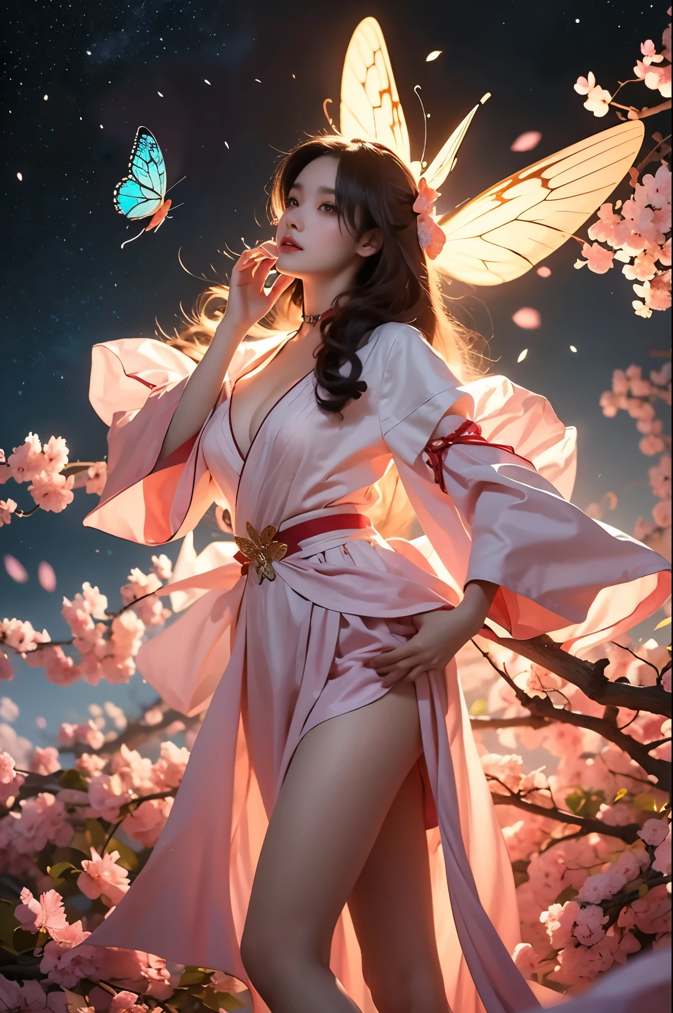 Beautiful dance pose, She gently lifted her skirt with one hand,头发周围有白色的Butterfly兰,Lilac dendrobium、White Lily, Long legs , Deep in Wonderland, ((Flowing long hair))Official Art , Unity8k Wallpaper , Extremely detailed , Visible cleavage, Pretty and beautiful , 性感Long legs, masterpiece , best quality ,Practical, Very detailed illustrations ,Extremely detailed , Intricate details , Extremely complex and detailed , Very detailed 8KCG wallpaper , Caustics .reflection , Ray Tracing , Devil theme ,nebula ,Dark aura, Network Effects , (1 girl)solitary , 小蓝Butterfly , (Blue plasma flame , (insect , Butterfly)) Pastel tones in Rococo style ,Light white and light dark red , Incredibly beautiful , Cherry blossoms , Surrealism ,painting , Ethereal , Mixing reality and fantasy elements ,Ray Tracing , Complex Mode , Exquisite lines , Perfect your hands, Starry Sky , Colorful , Star