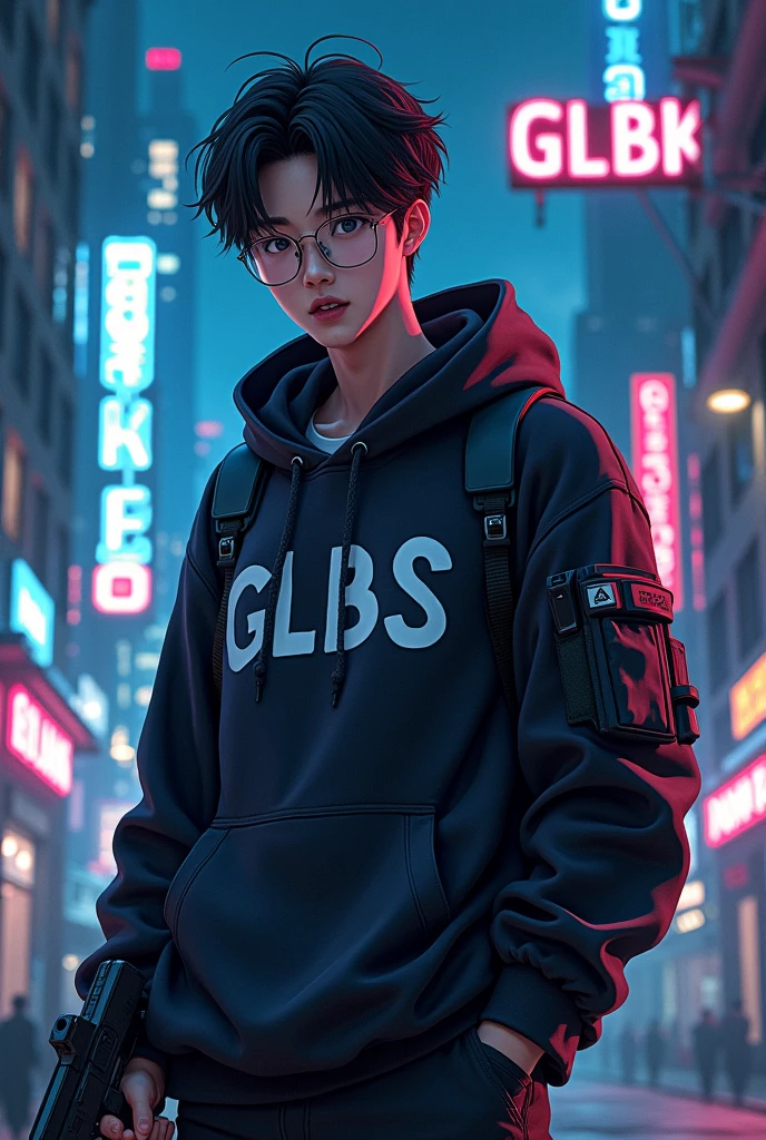 Create a character anime, {{background: capital text “GLBK”, night city}},
realistic, HDR, use glasses, handsome, korean style, full body, use pistol, age 20, hoodie HD text: “PRAS”