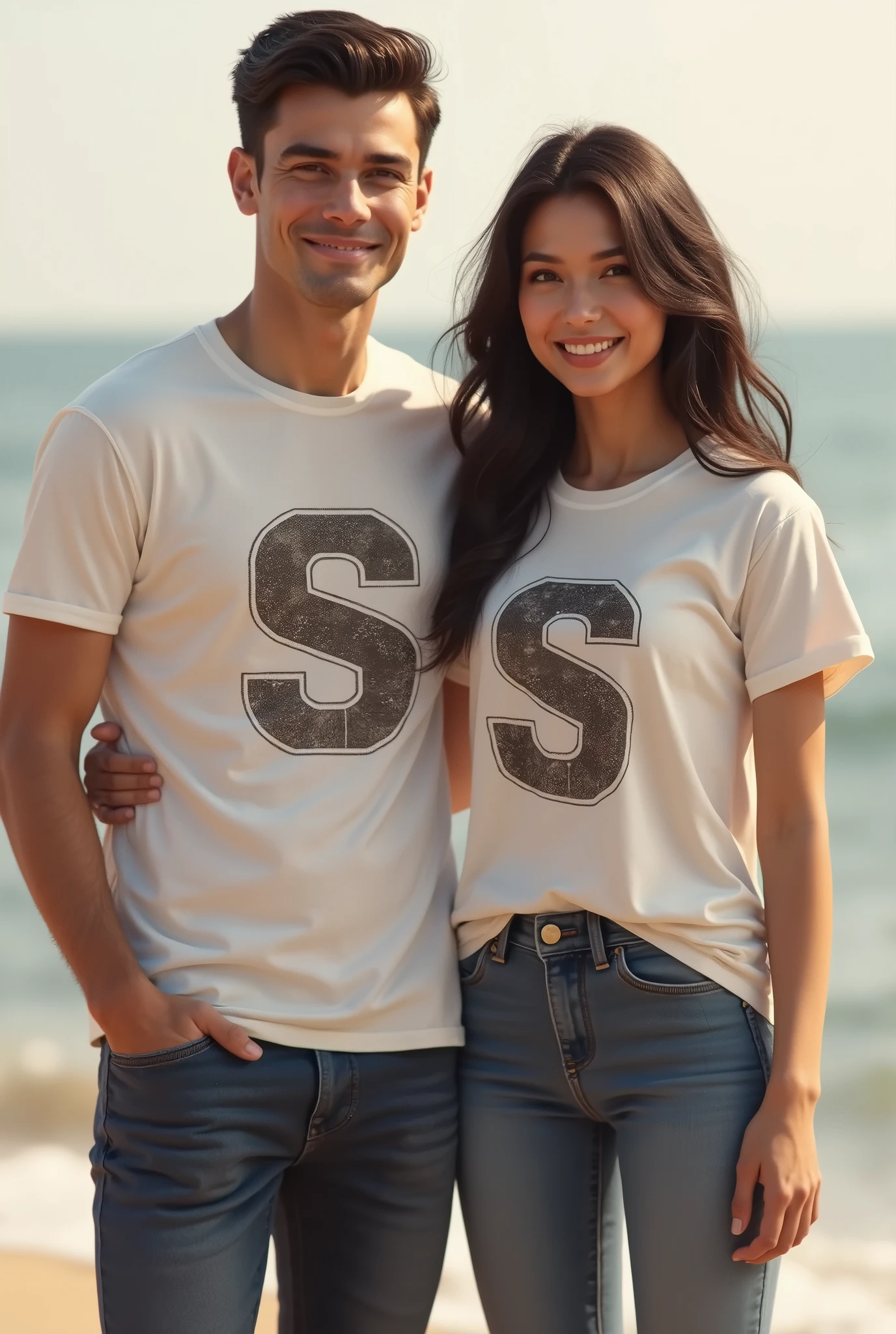There is a couple standing beside each other and the S letter printed on boys t shirt