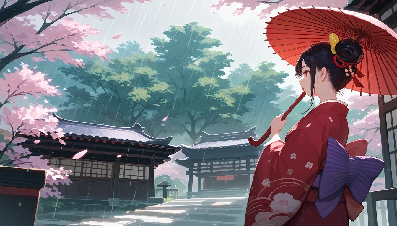 Fraction_9, Fraction_8_up, Fraction_7_up, src_Japanese cartoons, detailed, 8K, Movie Angle, Safety rating, Wide-angle lens, A person in kimono、Woman holding an umbrella standing in a Japanese garden in the rain.