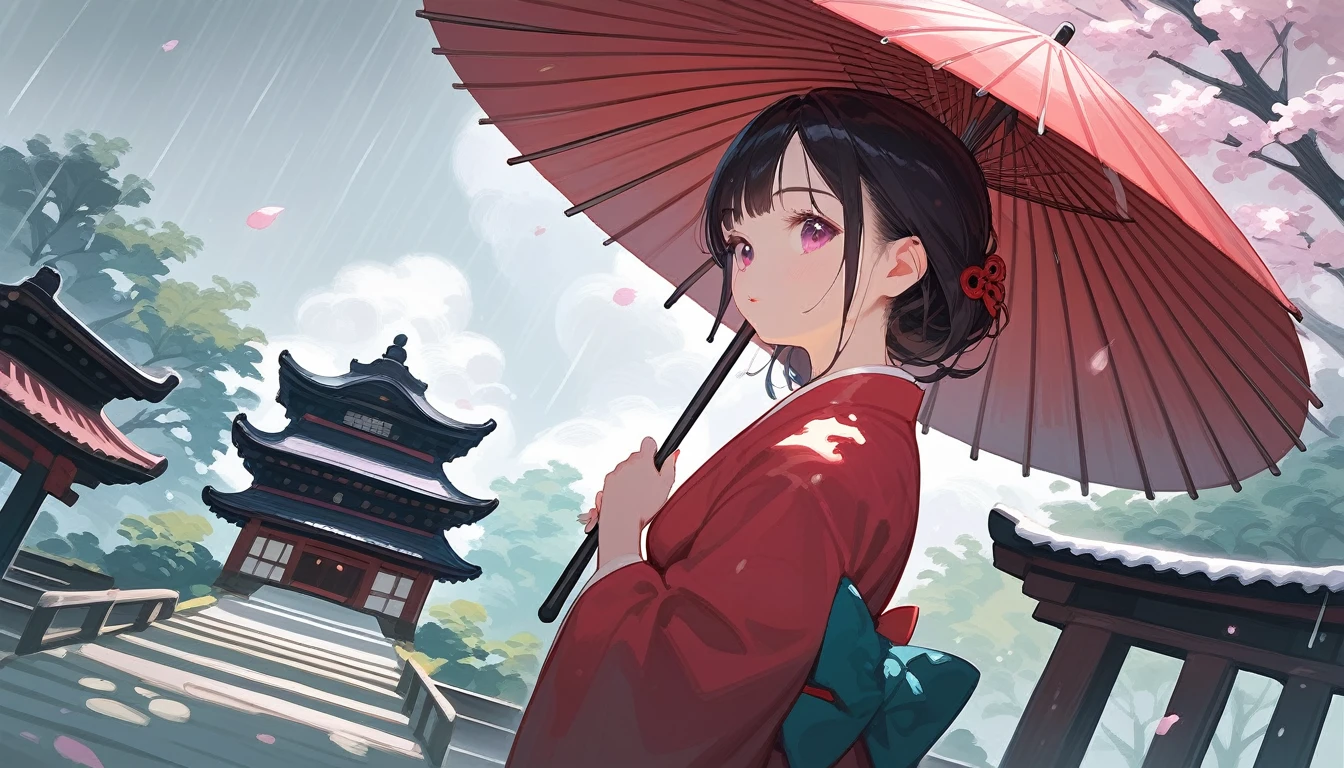 Fraction_9, Fraction_8_up, Fraction_7_up, src_Japanese cartoons, detailed, 8K, Movie Angle, Safety rating, Wide-angle lens, A person in kimono、Woman holding an umbrella standing in a Japanese garden in the rain.