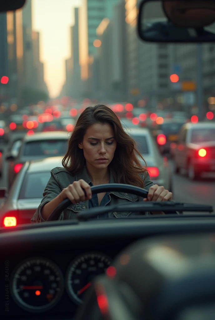 A scene of heavy traffic, with cars stopped in a traffic jam, but the woman driving sees an empty, free lane to her left, and you need to change lanes.