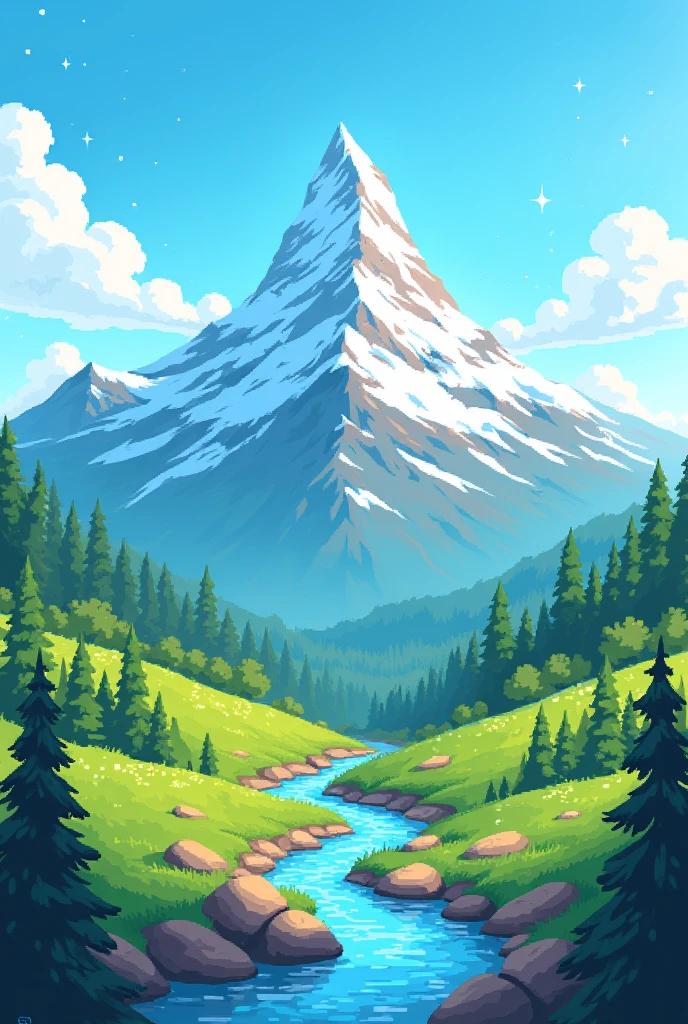 Pixel art o
f a sunny mountain