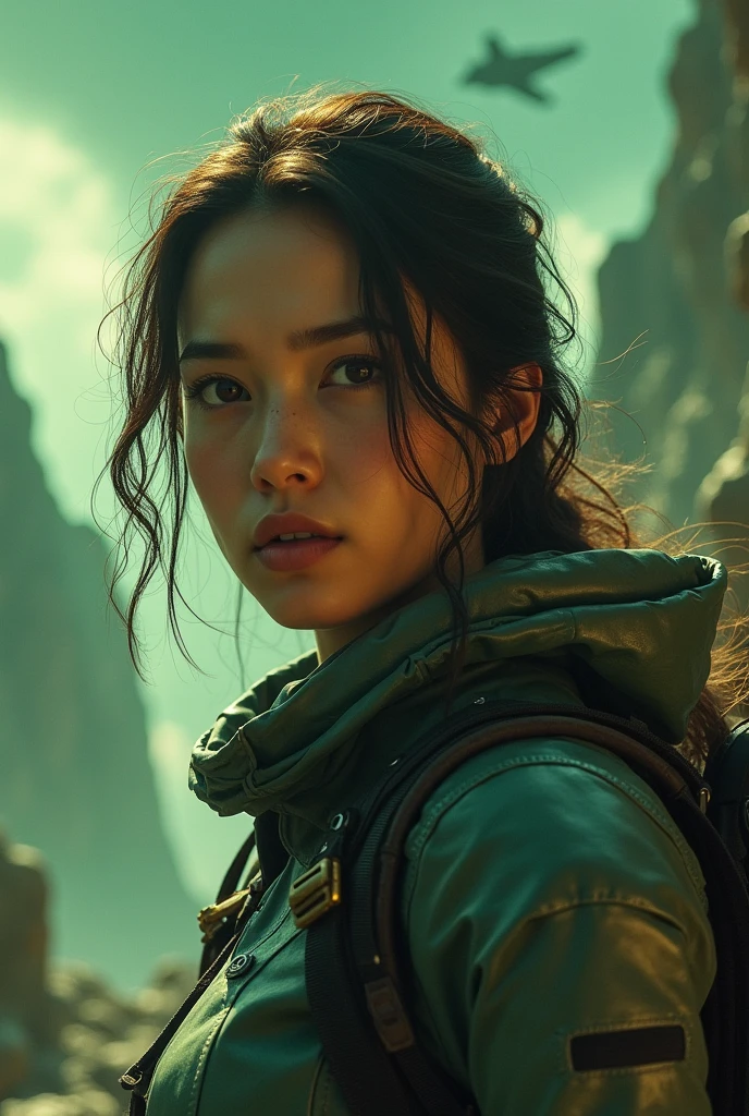 a close up of a flying female heroïne prepares for its daring escape under the menacing glow of a green-orange sky. As she ascends into the cosmos, the backdrop of towering cliffs and distant spaceships heightens the sense of danger and adventure, encapsulating her relentless fight for freedom in the vastness of the universe.