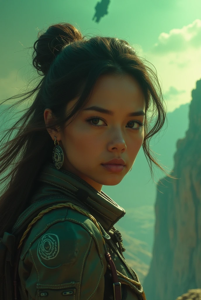 a close up of a flying female heroïne prepares for its daring escape under the menacing glow of a green-orange sky. As she ascends into the cosmos, the backdrop of towering cliffs and distant spaceships heightens the sense of danger and adventure, encapsulating her relentless fight for freedom in the vastness of the universe.