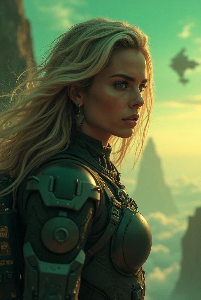 a close up of a flying female heroïne prepares for its daring escape under the menacing glow of a green-orange sky. As she ascends into the cosmos, the backdrop of towering cliffs and distant spaceships heightens the sense of danger and adventure, encapsulating her relentless fight for freedom in the vastness of the universe.