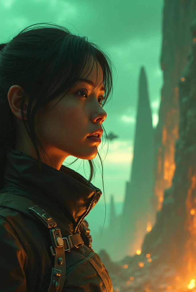 a close up of a flying female heroïne prepares for its daring escape under the menacing glow of a green-orange sky. As she ascends into the cosmos, the backdrop of towering cliffs and distant spaceships heightens the sense of danger and adventure, encapsulating her relentless fight for freedom in the vastness of the universe.