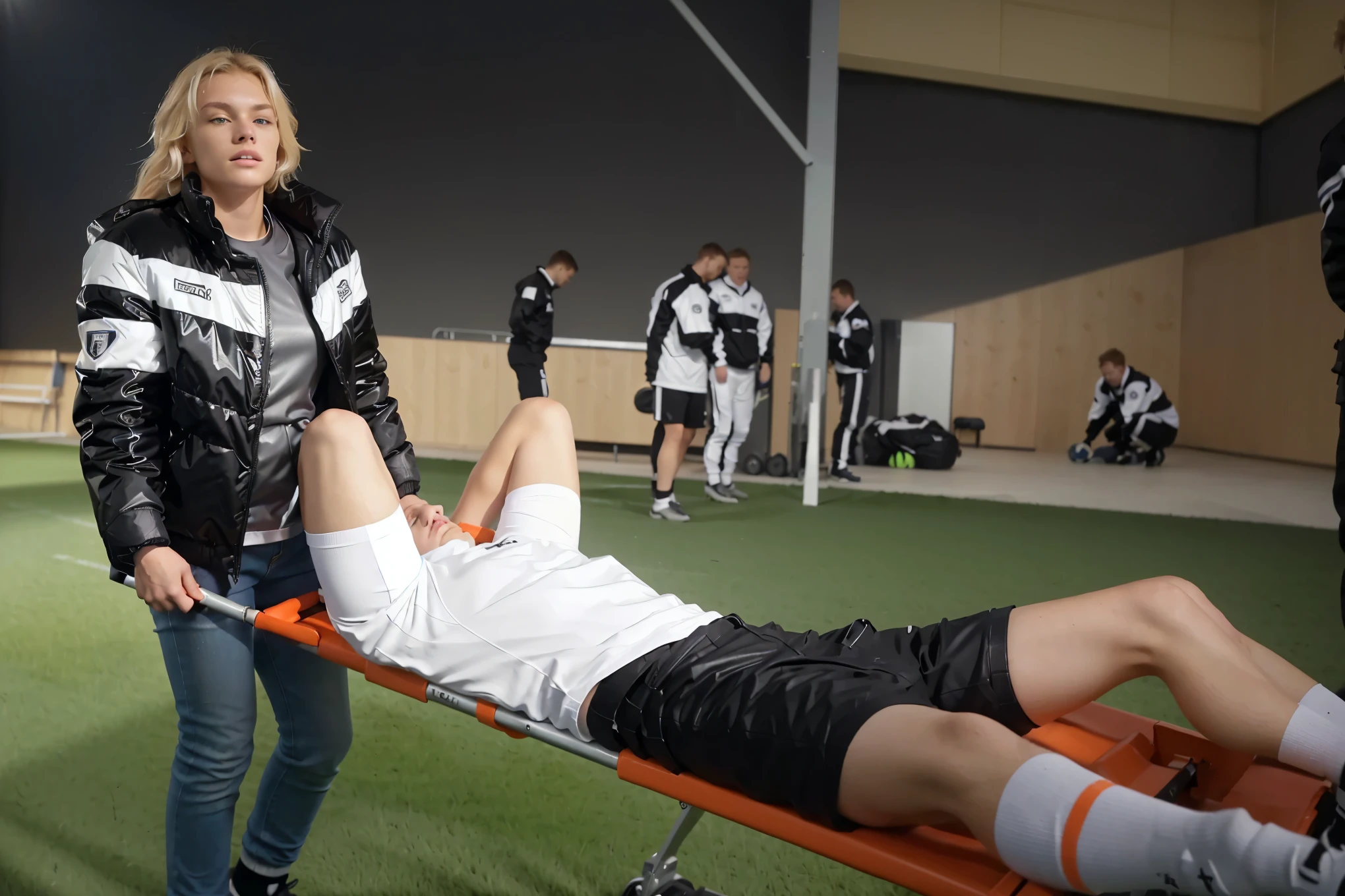 a shocked blond girl in a highshine black and white padded PVC-jacket carries a stretcher in a soccer stadium, a male soccer player lying on an orange stretcher. The player is wearing a white sports shirt, black shorts, and white socks with red stripes, resting with his arms over his head in apparent discomfort. The stretcher is being carried by a woman with blonde hair wearing a black and white highshine padded PVC-jacket, blue jeans, and a focused expression. In the background, other players are visible, dressed in black and white uniforms, some handling equipment, with a slightly blurry effect to show depth. The setting is an indoor or covered sports facility, with artificial grass and industrial lighting, creating a sense of urgency and care in the scene