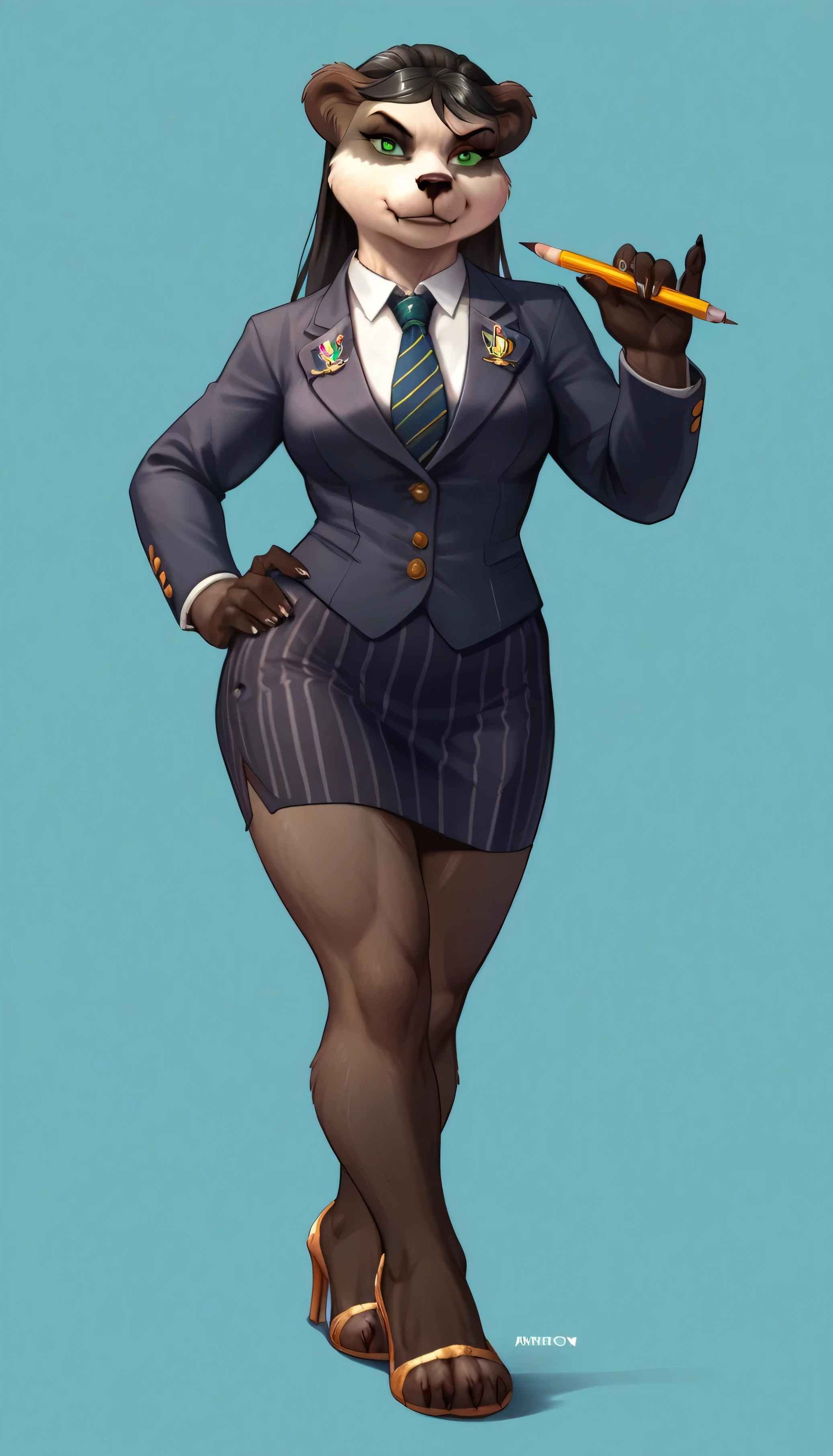 score_9, score_8_up, score_7_up, score_6_up, score_5_up, score_4_up, 1girl, solo, bear, green eyes, furry female, furry, animal ears, long hair, black hair, jewelry, (((navy pinstripe skirt suit))), three-piece suit, necktie, blazer, waistcoat, double-breasted waistcoat, (((bodycon pencil skirt))), bare legs, furry legs, high heels, standing, upper body, full body, looking at viewer, silk clothing, formal clothing, high end fashion,
light blue background, simple background, confident stance, wide stance, hand on hip