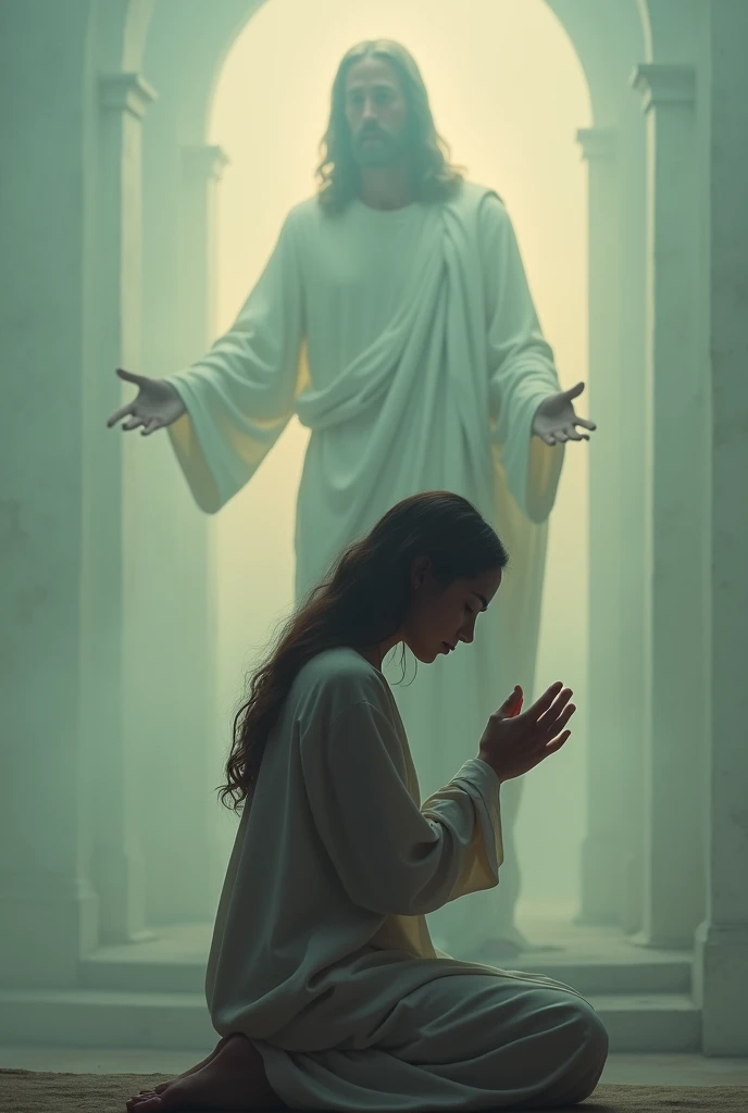 A woman on her knees praying, in the background a faded image of Jesus