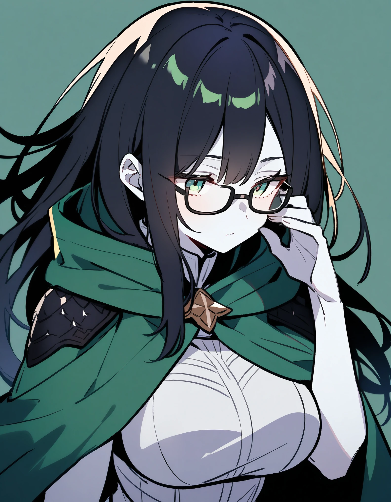 Female, black scales on shoulders, long black hair, dark green eyes, cloak, large breasts, tall, White skin , faint, wear glasses.