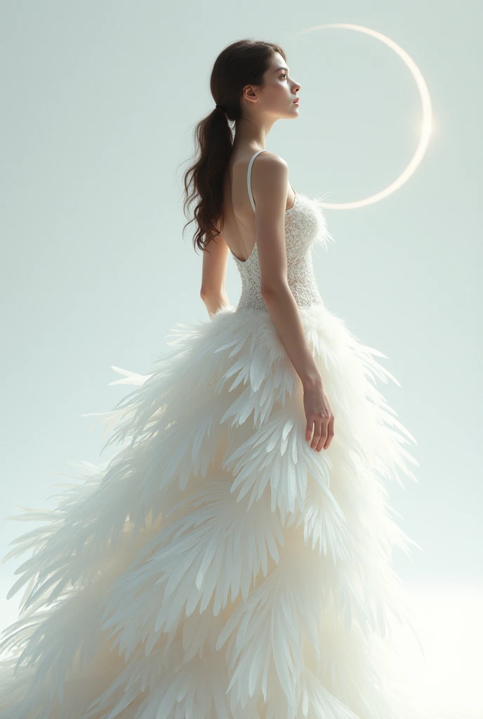 Woman in a white dress made of feathers, elegant but not too exaggerated, with her back turned looking towards the star Sirius. Using a hyper-realistic style and with a white background